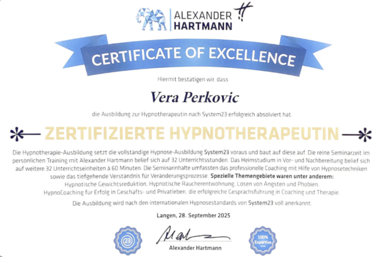 Vera Perkovic Hypnotherapeut Zertifikat