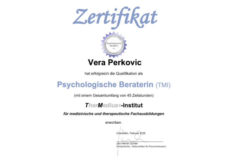 Zertifikat psychologische Beraterin Vera Perkovic